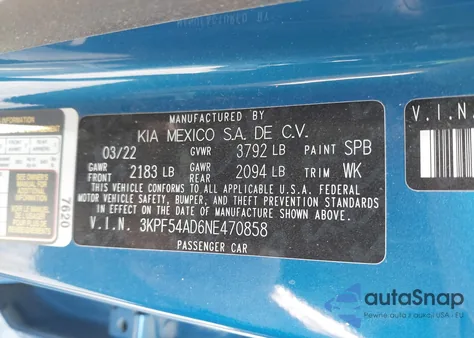 2022 Kia Forte Gt-Line z USA, uszkodzony, nr VIN 3KPF54AD6NE470858